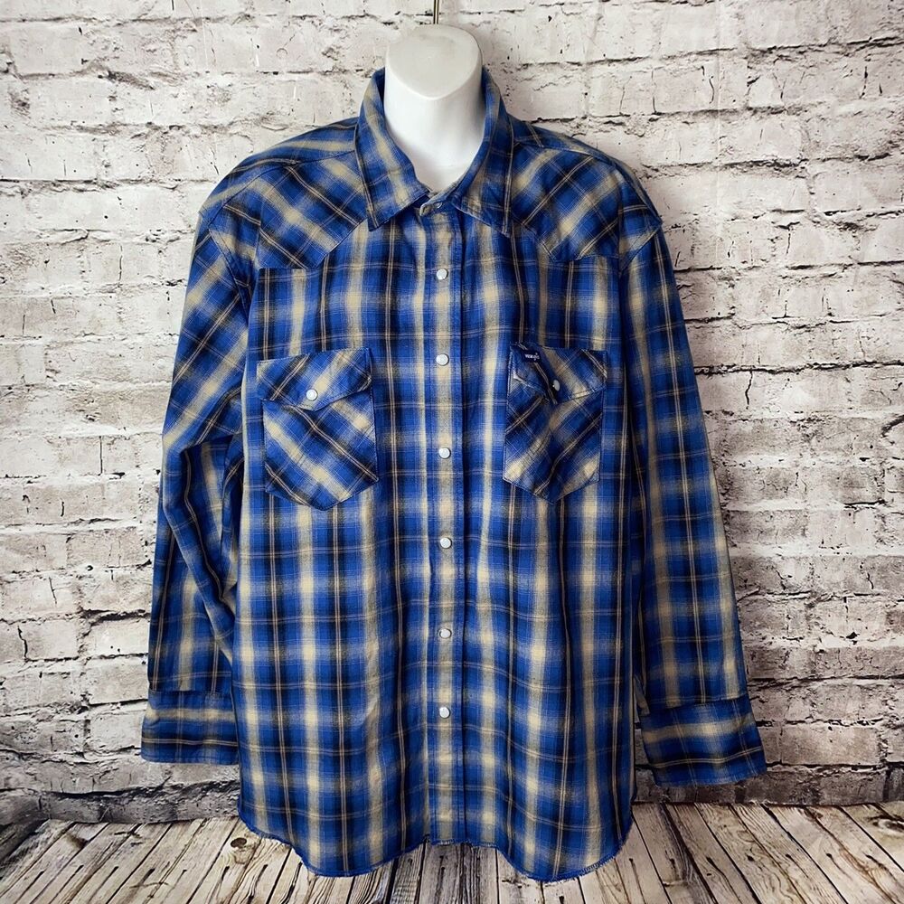 Wrangler Mens XXL Western Shirt Blue Plaid Pearl Snap Long Sleeve Cowboy